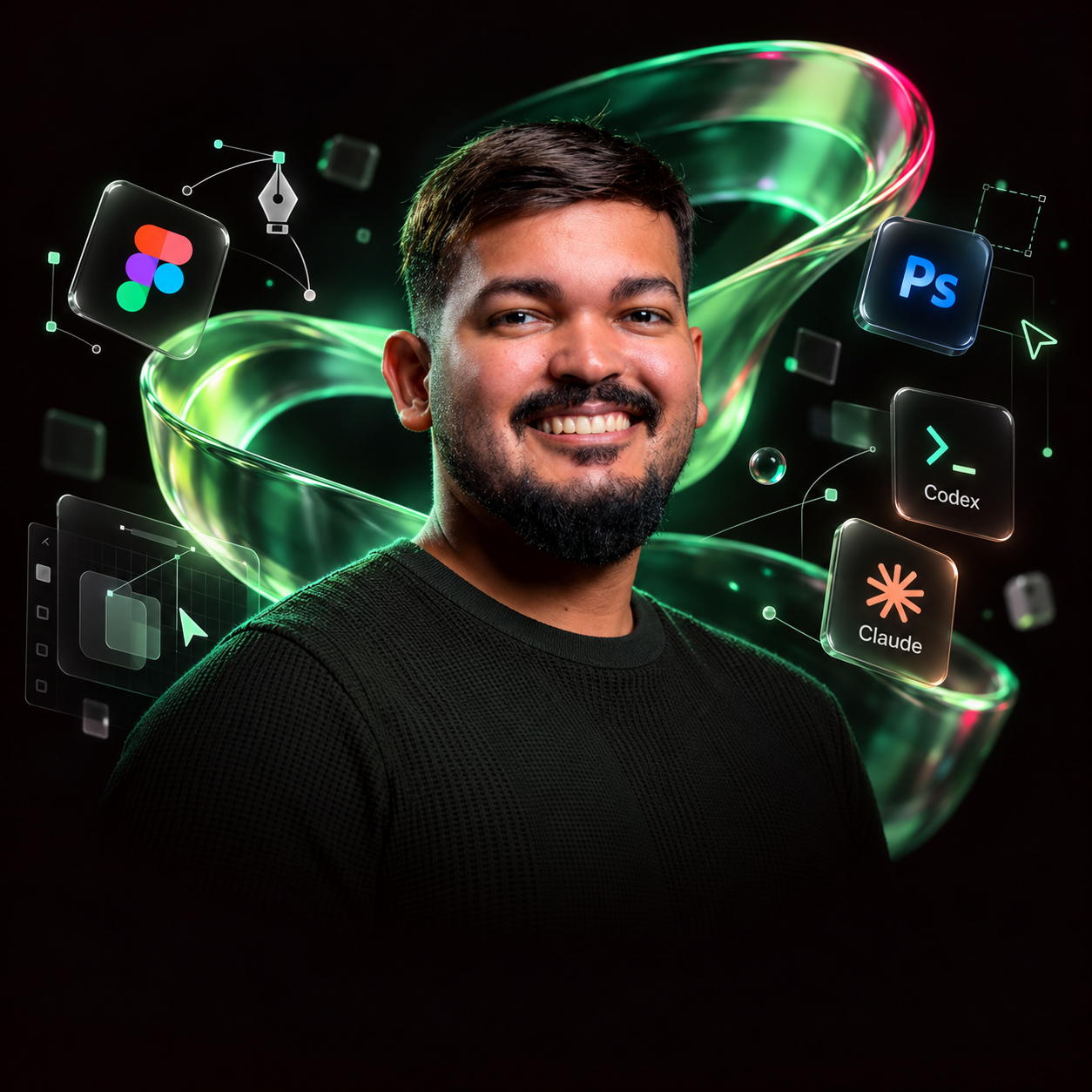 Paulo Rodrigues, com elementos de design e inteligência artificial em uma composição com iluminação verde.